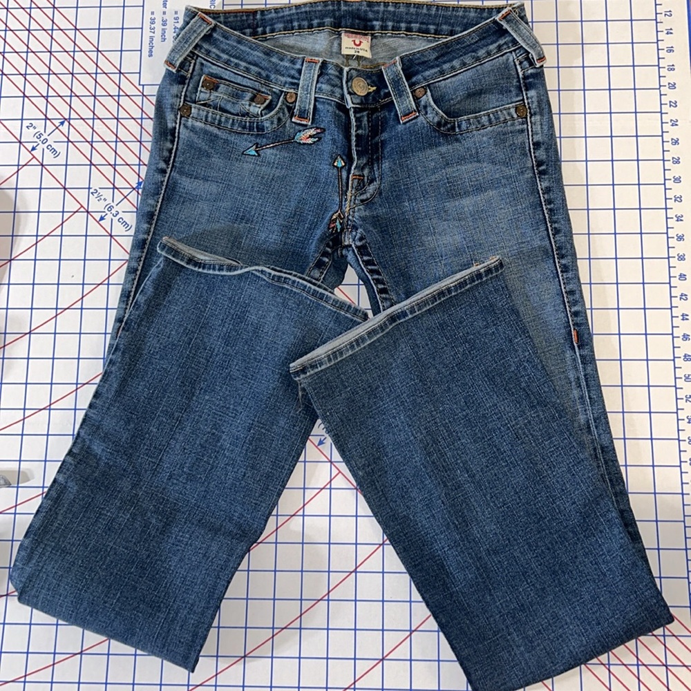True Religion Joey low rise flare jeans size 28, multi colored stitch